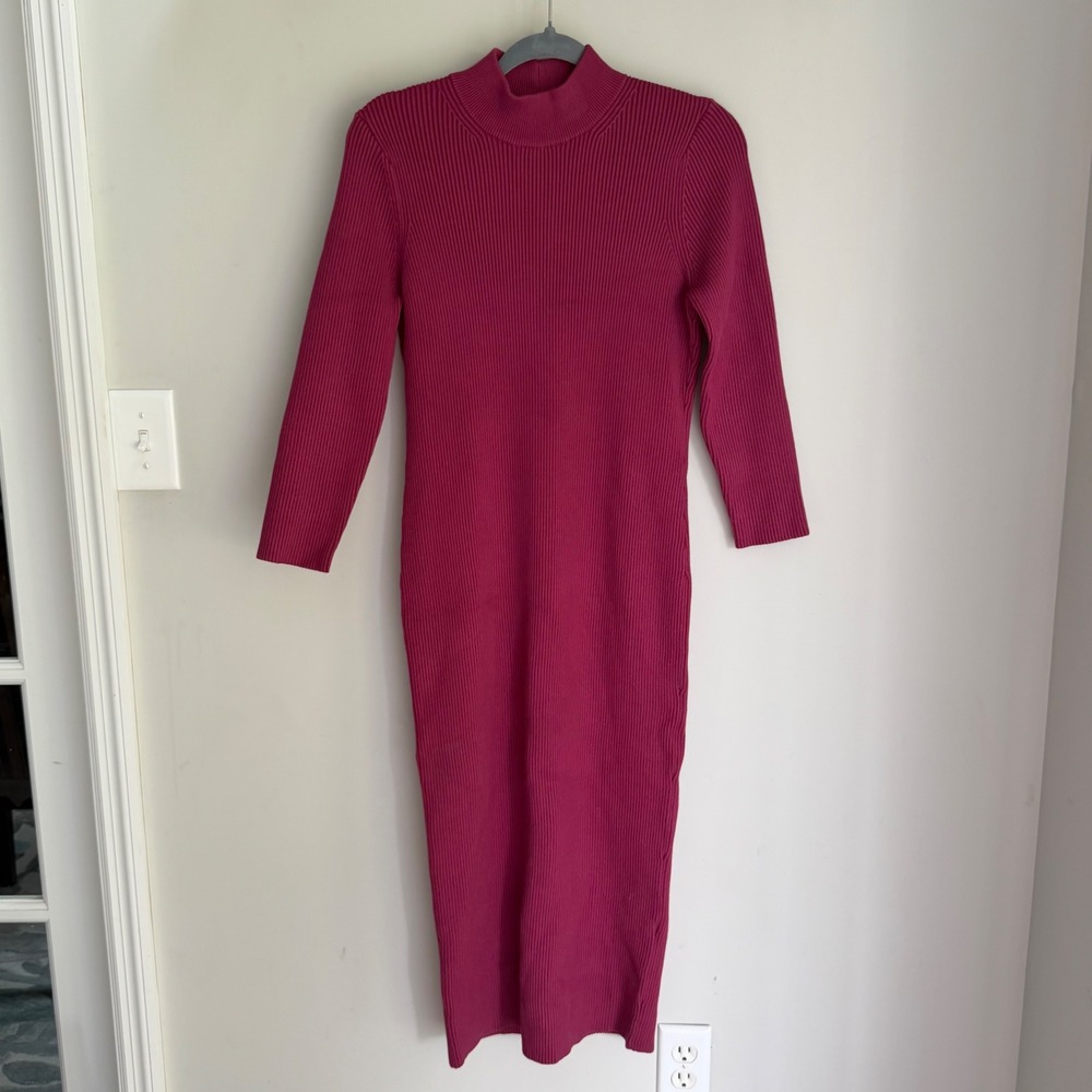 Hatch Maternity Midi Dress Thick Ribbed Knit Mock Neck Fushia Long Sleeve Size 2